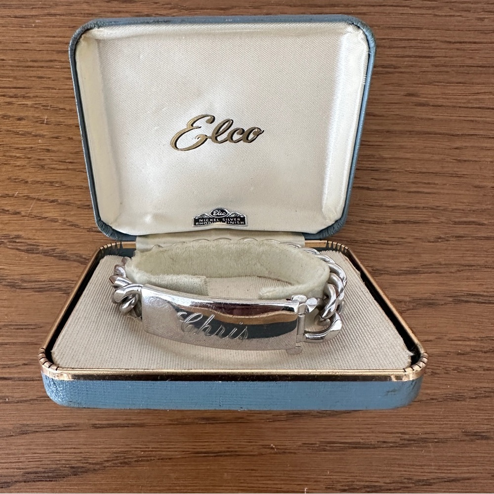 Vintage ELCO Nickel Silver Identity ID Curb Chain Bracelet 8" MCM "Chris"